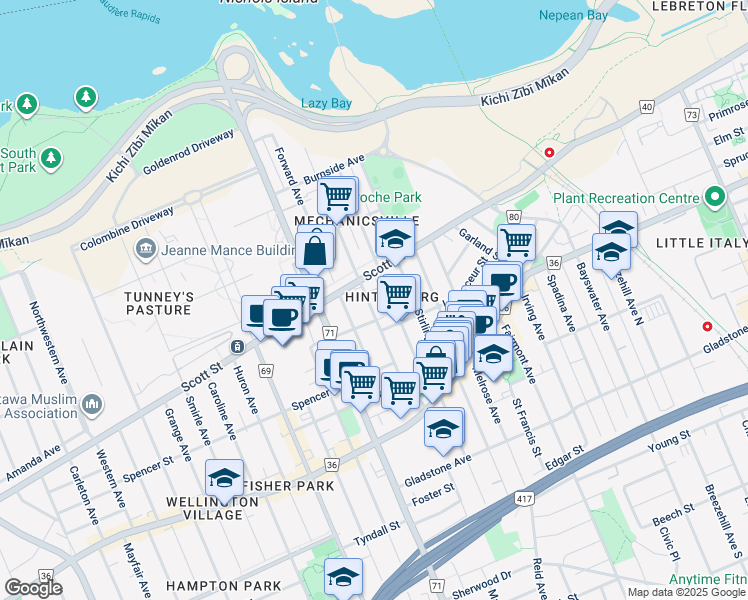 map of restaurants, bars, coffee shops, grocery stores, and more near in Ottawa