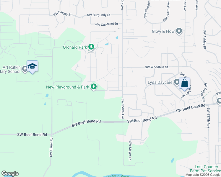 map of restaurants, bars, coffee shops, grocery stores, and more near 15192 Southwest Huntwood Street in Tigard