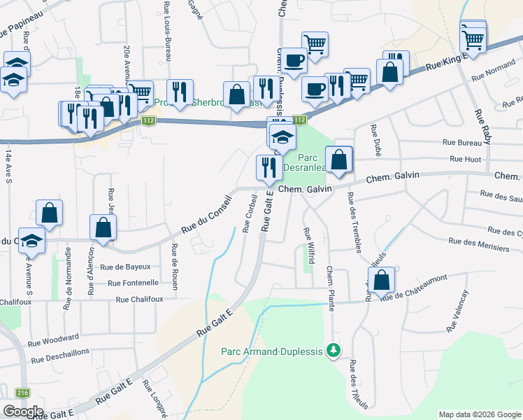 map of restaurants, bars, coffee shops, grocery stores, and more near 1821 Rue Galt Est in Sherbrooke