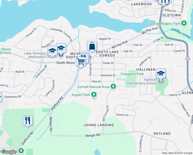 map of restaurants, bars, coffee shops, grocery stores, and more near 1473 Lee Street in Lake Oswego