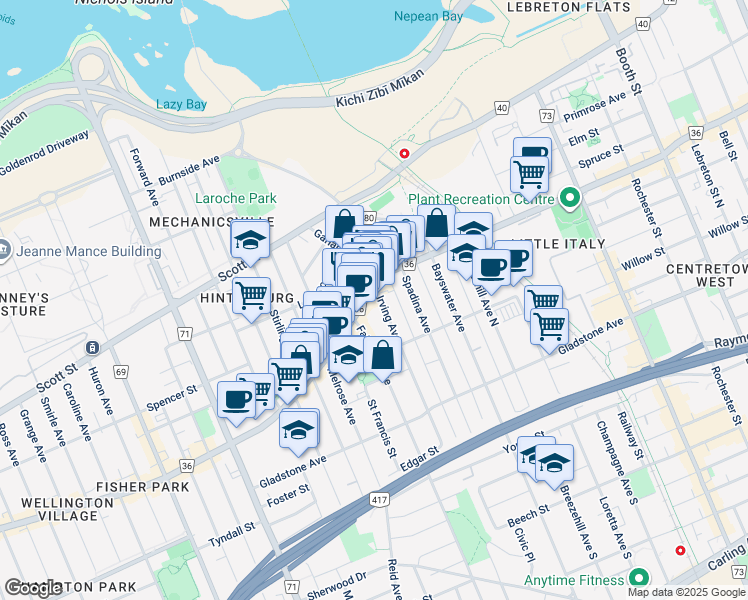 map of restaurants, bars, coffee shops, grocery stores, and more near in Ottawa