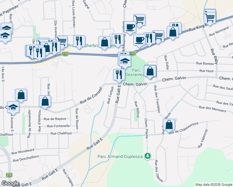 map of restaurants, bars, coffee shops, grocery stores, and more near 1805 Rue Galt Est in Sherbrooke
