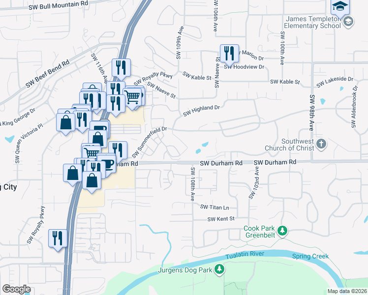 map of restaurants, bars, coffee shops, grocery stores, and more near 15835 Southwest Highland Court in Tigard