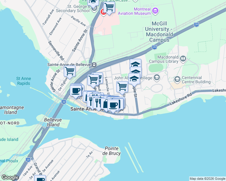 map of restaurants, bars, coffee shops, grocery stores, and more near 34 Montée Sainte-Marie in Sainte-Anne-de-Bellevue
