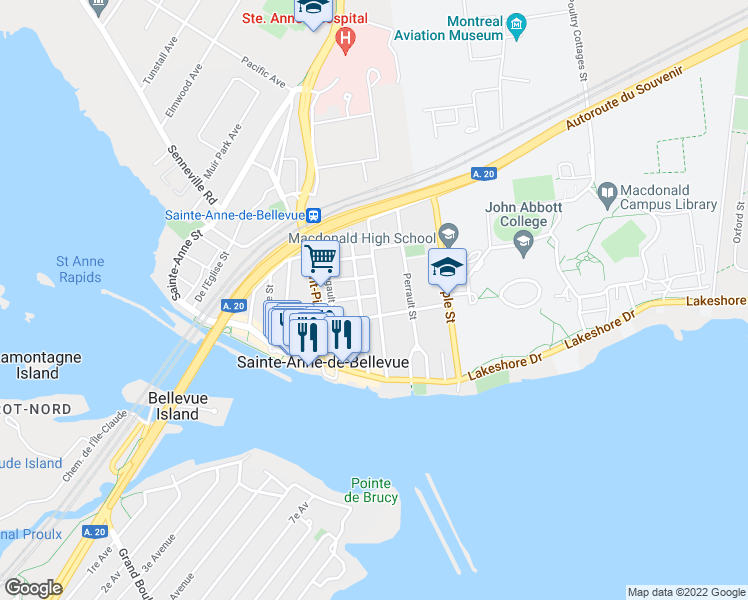 map of restaurants, bars, coffee shops, grocery stores, and more near 34 Montée Sainte-Marie in Sainte-Anne-de-Bellevue