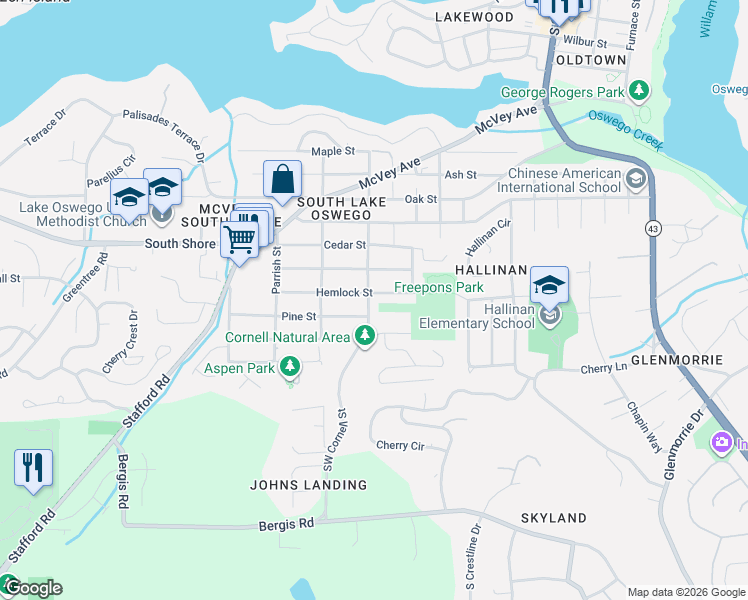map of restaurants, bars, coffee shops, grocery stores, and more near 1110 Hemlock Street in Lake Oswego