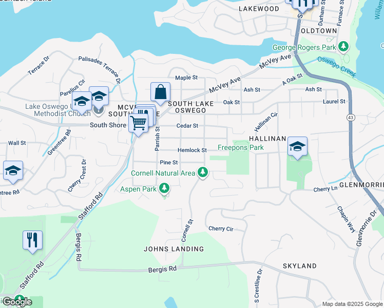 map of restaurants, bars, coffee shops, grocery stores, and more near 1250 Hemlock Street in Lake Oswego