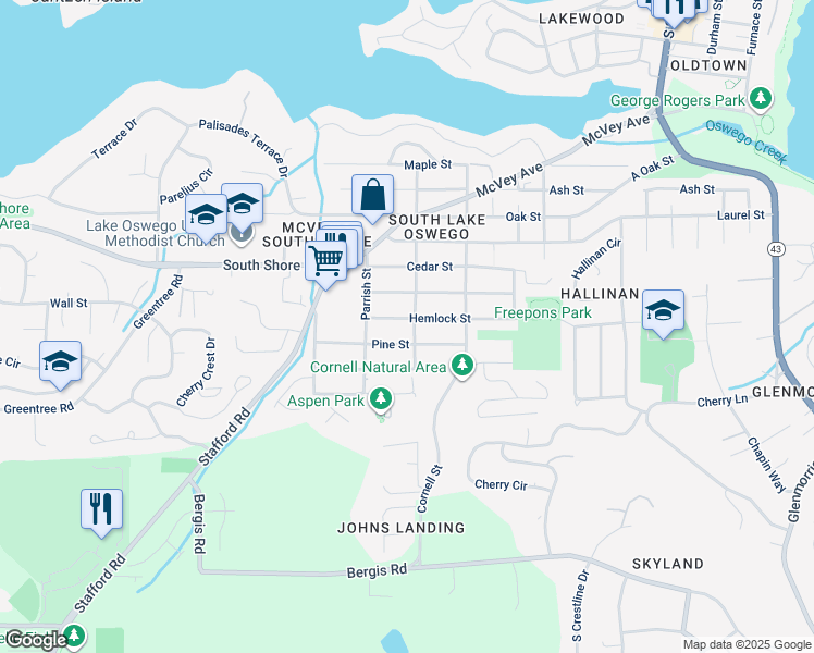 map of restaurants, bars, coffee shops, grocery stores, and more near 1400 Lee Street in Lake Oswego
