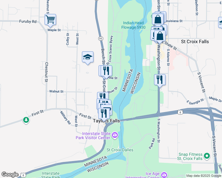 map of restaurants, bars, coffee shops, grocery stores, and more near 531 River Road North in Taylors Falls