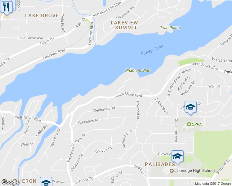 map of restaurants, bars, coffee shops, grocery stores, and more near 16789 Southwest Phantom Bluff Court in Lake Oswego