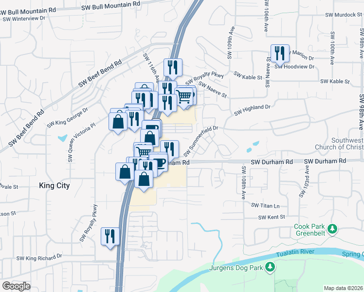 map of restaurants, bars, coffee shops, grocery stores, and more near 11205 Southwest Summerfield Drive in Tigard