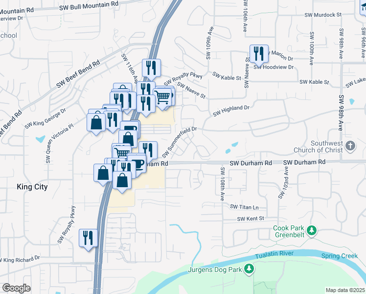 map of restaurants, bars, coffee shops, grocery stores, and more near 1015 Southwest Meadowbrook Drive in Tigard