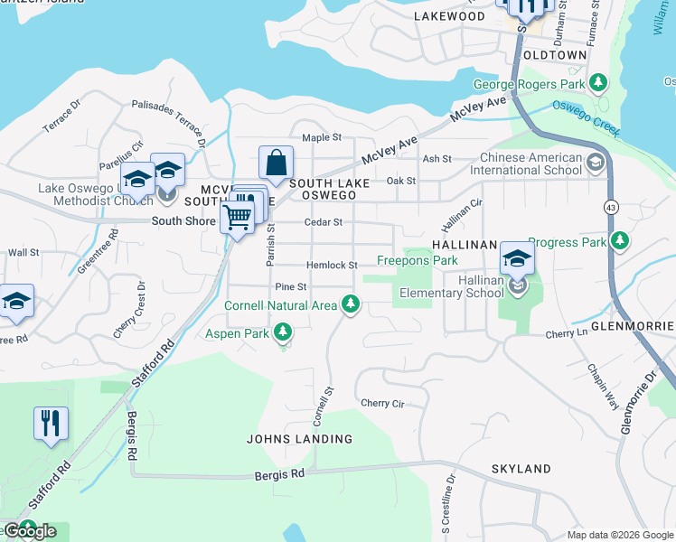 map of restaurants, bars, coffee shops, grocery stores, and more near 1238 Hemlock St in Lake Oswego