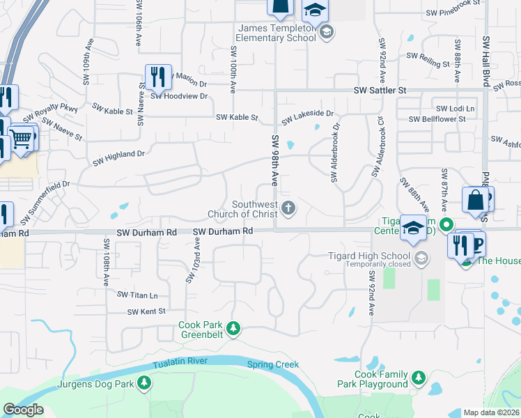 map of restaurants, bars, coffee shops, grocery stores, and more near 9894 Southwest Kimberly Drive in Tigard