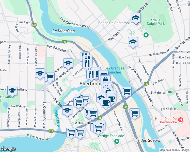 map of restaurants, bars, coffee shops, grocery stores, and more near 120 Rue des Abénaquis in Sherbrooke