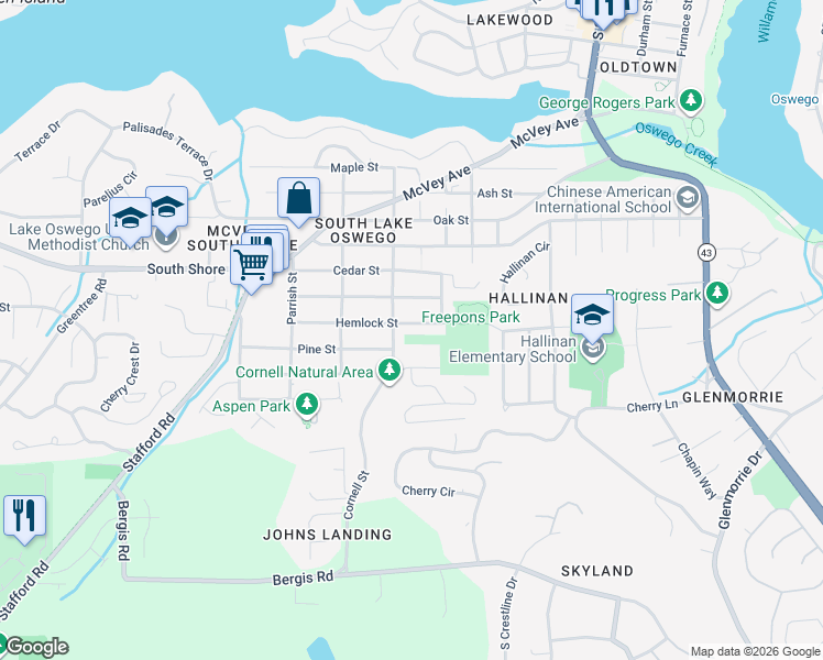 map of restaurants, bars, coffee shops, grocery stores, and more near 1110 Hemlock Street in Lake Oswego