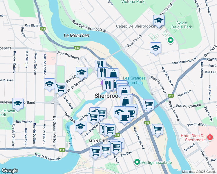 map of restaurants, bars, coffee shops, grocery stores, and more near 234 Rue Dufferin in Sherbrooke