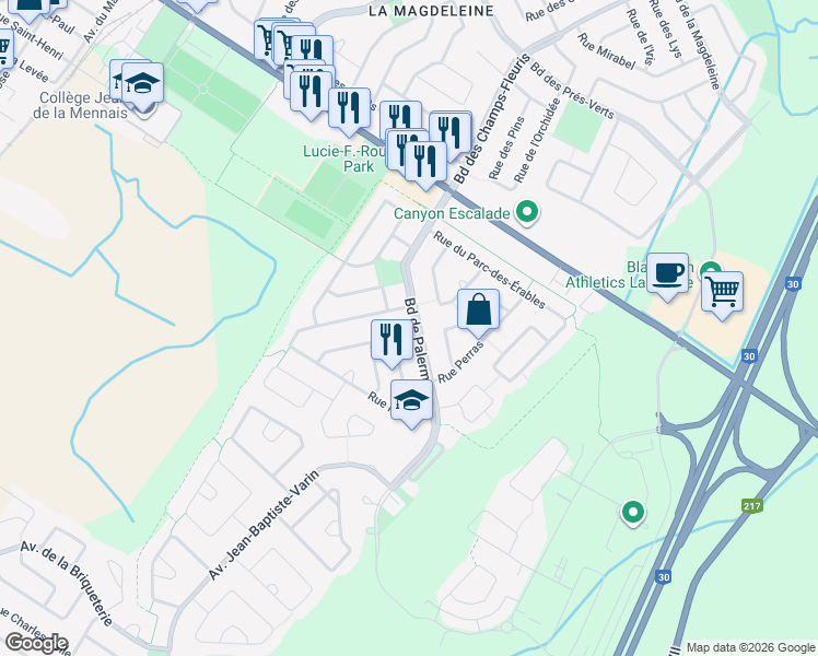 map of restaurants, bars, coffee shops, grocery stores, and more near 270 Boulevard de Palerme in La Prairie