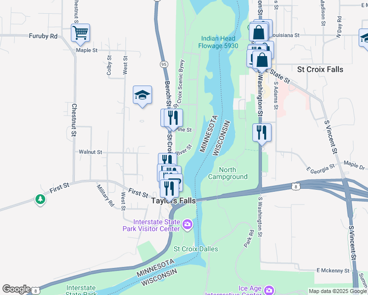 map of restaurants, bars, coffee shops, grocery stores, and more near 543 River Street in Taylors Falls