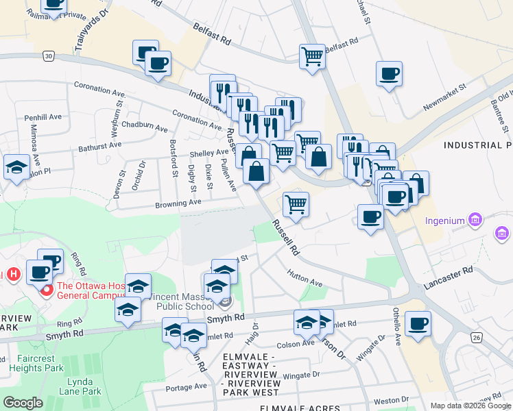 map of restaurants, bars, coffee shops, grocery stores, and more near 1720 Russell Road in Ottawa