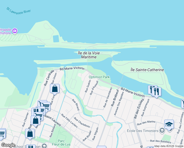 map of restaurants, bars, coffee shops, grocery stores, and more near 5305 Boulevard Marie-Victorin in Sainte-Catherine