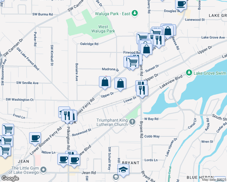 map of restaurants, bars, coffee shops, grocery stores, and more near 4845 Upper Drive in Lake Oswego