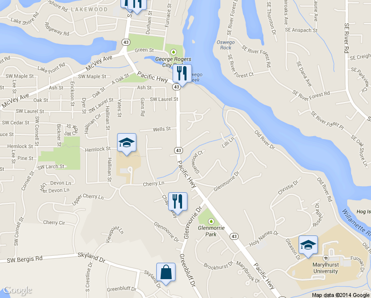 map of restaurants, bars, coffee shops, grocery stores, and more near 1704 South Glenmorrie Terrace in Lake Oswego