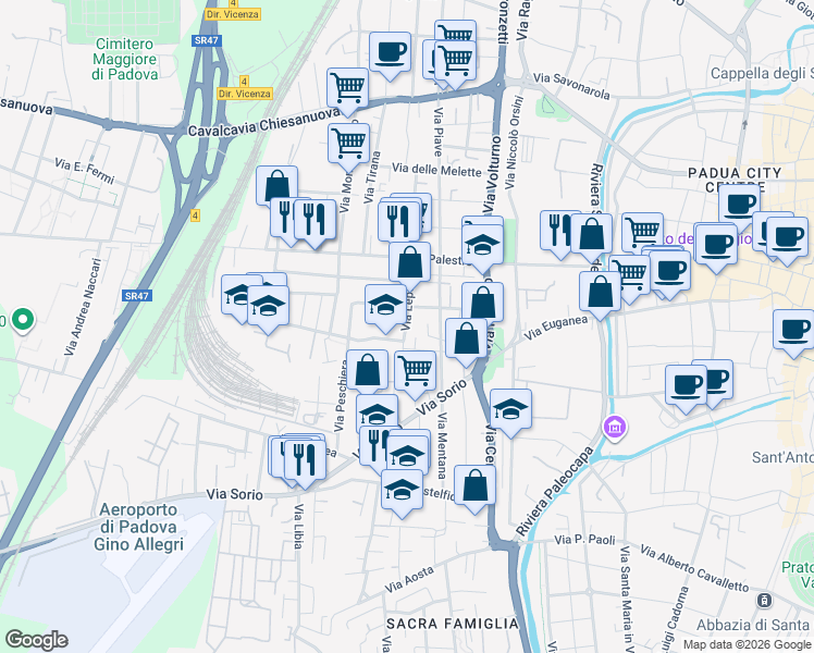 map of restaurants, bars, coffee shops, grocery stores, and more near Via Lepanto in Padua