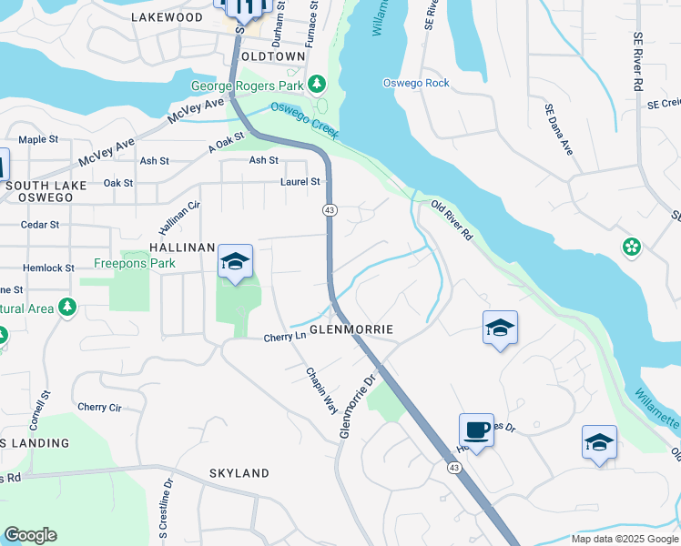 map of restaurants, bars, coffee shops, grocery stores, and more near 1704 South Glenmorrie Terrace in Lake Oswego
