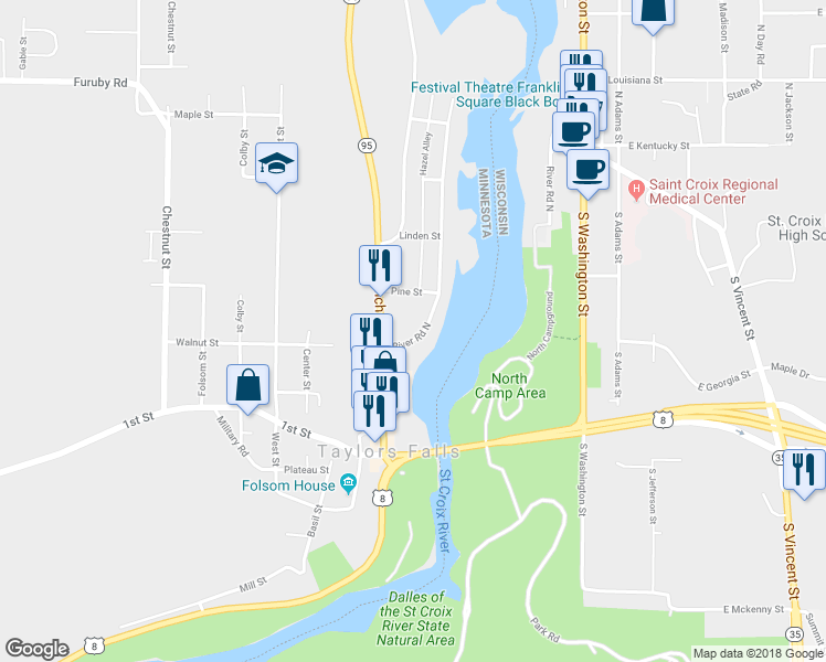 map of restaurants, bars, coffee shops, grocery stores, and more near 531 River Road North in Taylors Falls