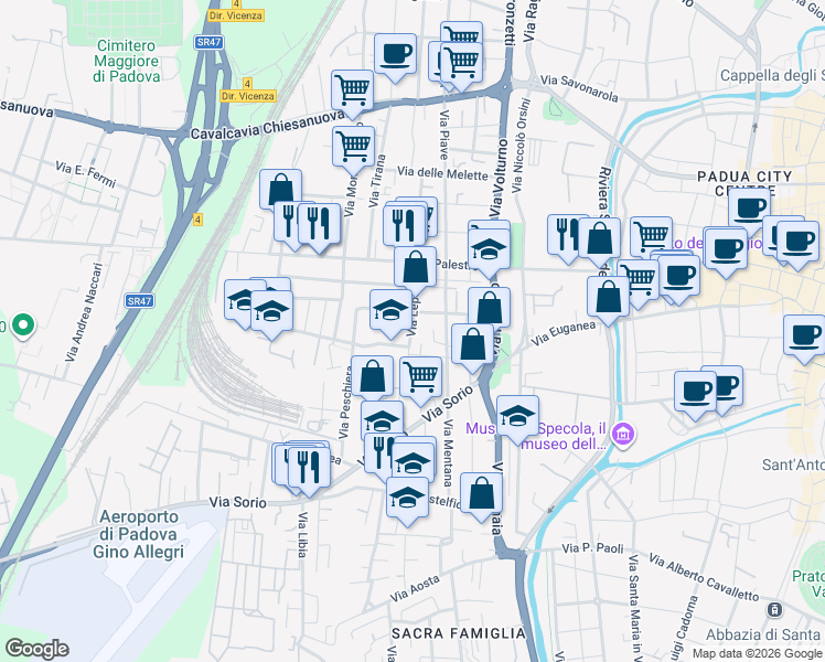 map of restaurants, bars, coffee shops, grocery stores, and more near Via Lepanto in Padua