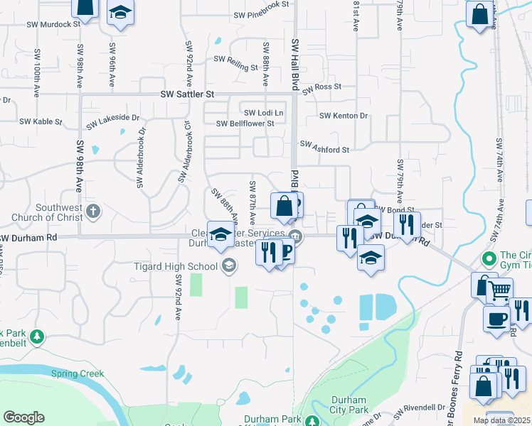map of restaurants, bars, coffee shops, grocery stores, and more near 8630 Southwest Stratford Court in Tigard