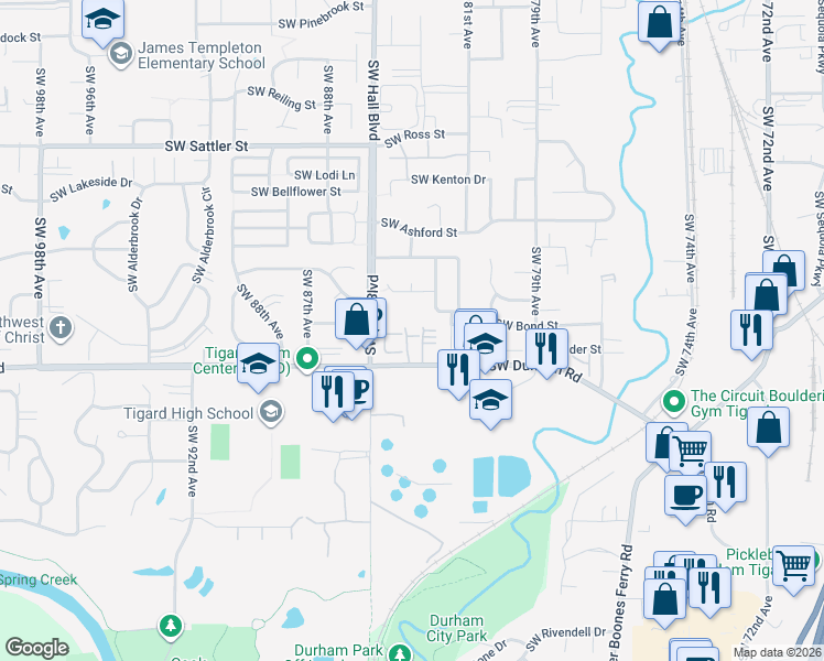 map of restaurants, bars, coffee shops, grocery stores, and more near 8371 Southwest Durham Road in Portland
