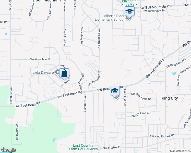 map of restaurants, bars, coffee shops, grocery stores, and more near 13622 Southwest Willow Top Lane in Tigard