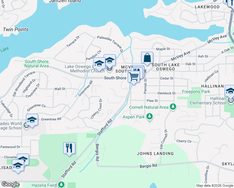 map of restaurants, bars, coffee shops, grocery stores, and more near 1795 Kilkenny Road in Lake Oswego