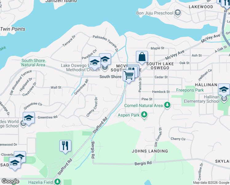 map of restaurants, bars, coffee shops, grocery stores, and more near 1720 Kilkenny Road in Lake Oswego