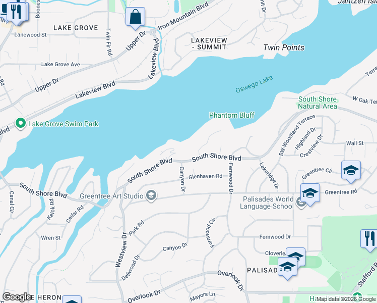 map of restaurants, bars, coffee shops, grocery stores, and more near 16789 Southwest Phantom Bluff Court in Lake Oswego