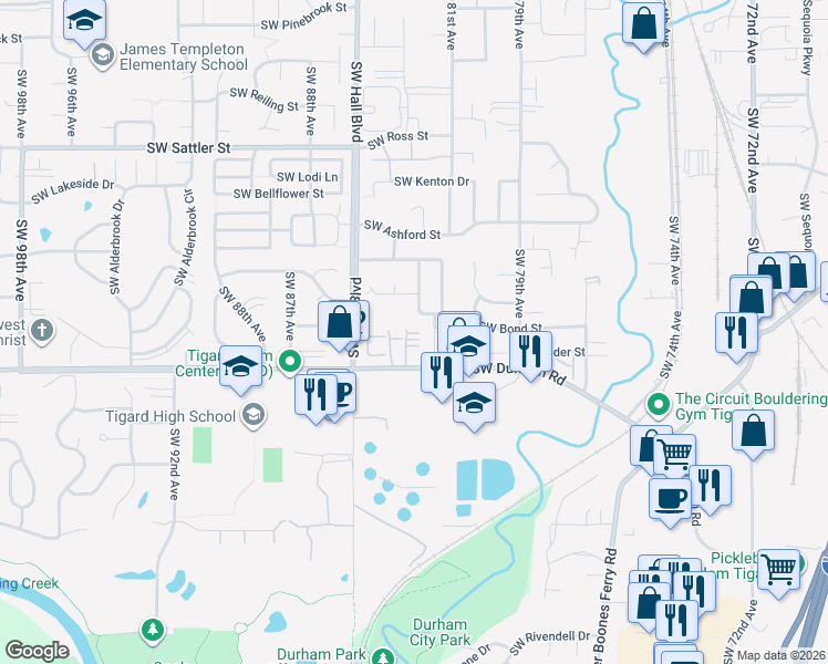 map of restaurants, bars, coffee shops, grocery stores, and more near 15889 Southwest 81st Court in Tigard