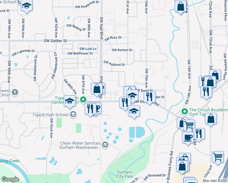 map of restaurants, bars, coffee shops, grocery stores, and more near 8335 Southwest Durham Road in Tigard