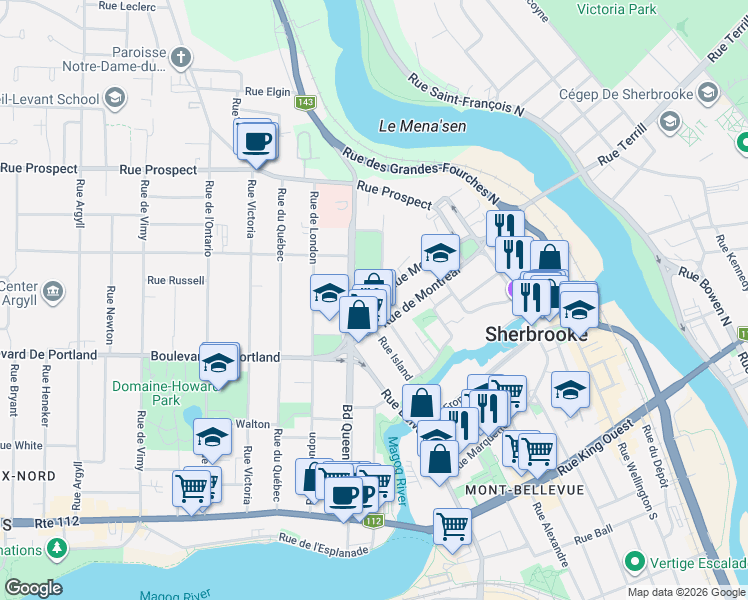 map of restaurants, bars, coffee shops, grocery stores, and more near 486 Rue Moore in Sherbrooke