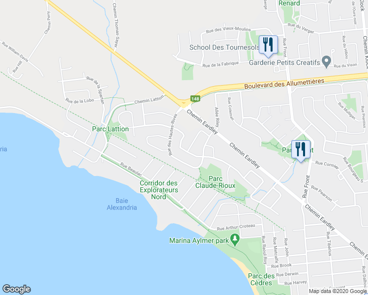 map of restaurants, bars, coffee shops, grocery stores, and more near 25 Rue du Grand-Hunier in Gatineau