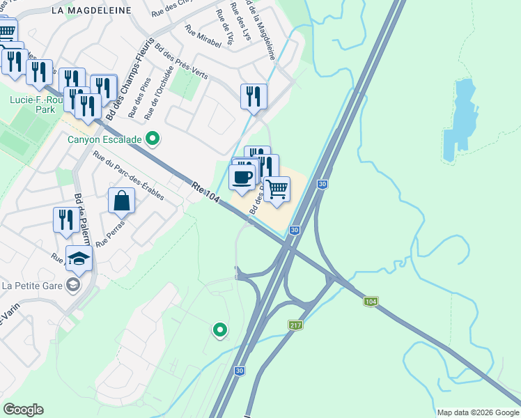 map of restaurants, bars, coffee shops, grocery stores, and more near 880 Boulevard des Prés-Verts in La Prairie