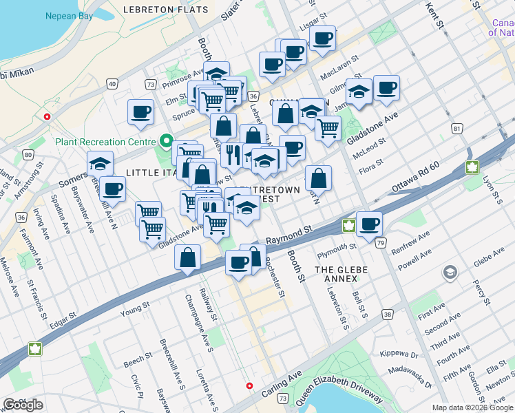 map of restaurants, bars, coffee shops, grocery stores, and more near 822 Gladstone Avenue in Ottawa