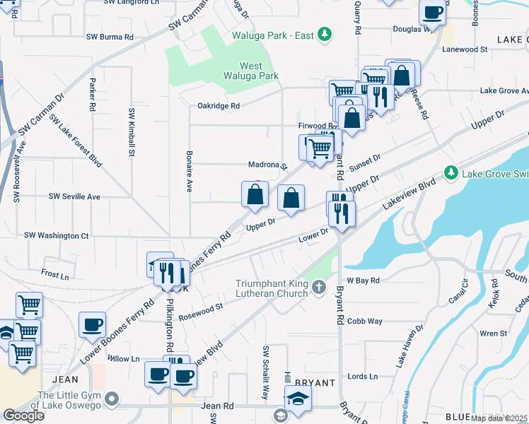 map of restaurants, bars, coffee shops, grocery stores, and more near 4845 Upper Drive in Lake Oswego