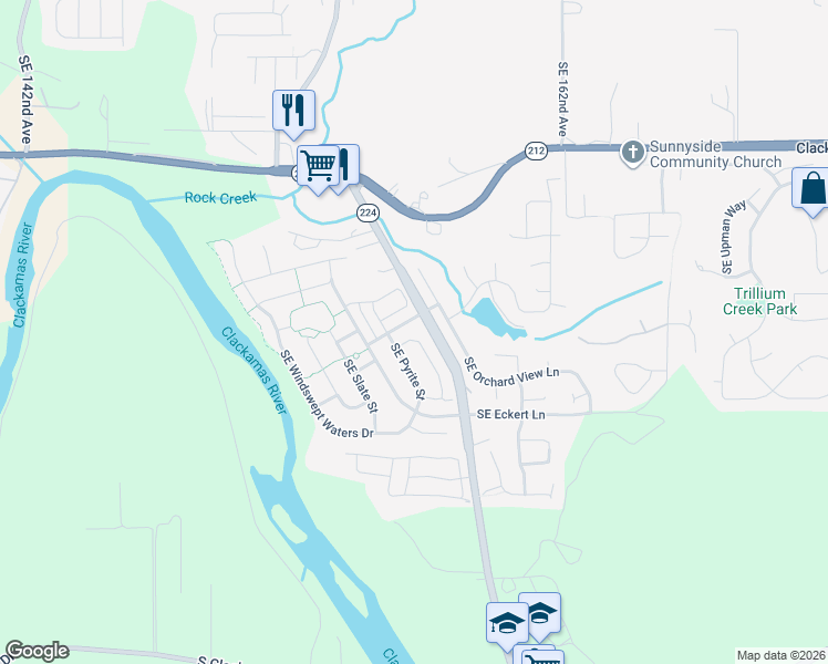 map of restaurants, bars, coffee shops, grocery stores, and more near 16298 Southeast Scoria Lane in Damascus