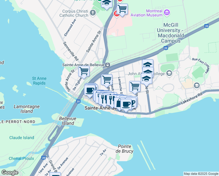 map of restaurants, bars, coffee shops, grocery stores, and more near 16B Rue Legault in Sainte-Anne-de-Bellevue