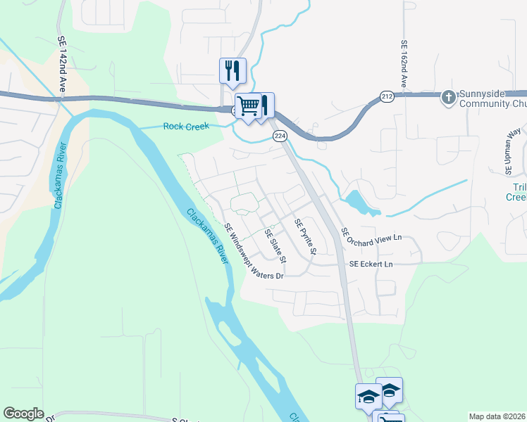 map of restaurants, bars, coffee shops, grocery stores, and more near 15541 Southeast Pebble Lane in Damascus
