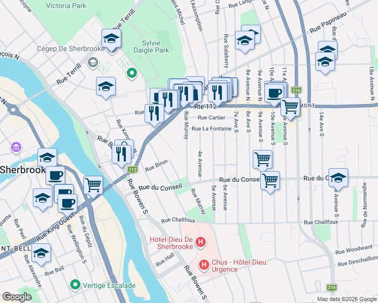 map of restaurants, bars, coffee shops, grocery stores, and more near 170 Rue Murray in Sherbrooke