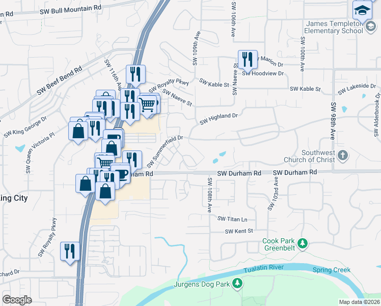 map of restaurants, bars, coffee shops, grocery stores, and more near 10935 Southwest Meadowbrook Drive in Tigard