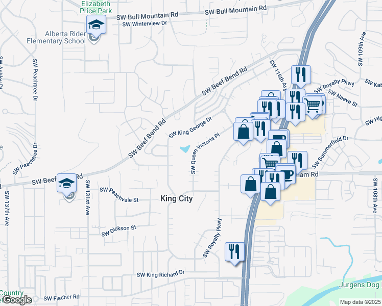 map of restaurants, bars, coffee shops, grocery stores, and more near 15915 Southwest Queen Victoria Place in King City